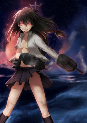 Rule 34 | 10s, 1girl, bad id, bad pixiv id, black hair, black skirt, black socks, hatsushimo (kancolle), hiki yuichi, kantai collection, kneehighs, long hair, long sleeves, low-tied long hair, machinery, night, night sky, ocean, open clothes, pleated skirt, red eyes, school uniform, skirt, sky, socks, torn clothes, torn sleeves