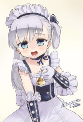 Rule 34 | 1girl, :d, apron, azur lane, belfast (azur lane), blue eyes, child, choker, curry, curry rice, dated, elbow gloves, feeding, food, gloves, grey background, grey hair, highres, holding, incoming food, little bel (azur lane), looking at viewer, maid apron, maid headdress, mountain han, one side up, open mouth, pov, ribbon choker, rice, signature, simple background, smile, solo, underbust, waist apron, white gloves