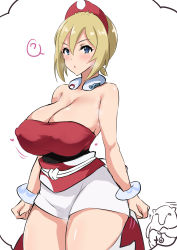 Rule 34 | 1girl, :o, ?, absurdres, arms at sides, bare shoulders, blonde hair, blue eyes, blush, bolobolo, breasts, cleavage, clenched hands, collar, covered erect nipples, cowboy shot, creatures (company), curvy, game freak, gen 1 pokemon, hair between eyes, headband, heart, highres, huge breasts, hypno, irida (pokemon), jewelry, large breasts, looking at viewer, mature female, motion lines, neck ring, nintendo, open mouth, pokemon, pokemon (creature), pokemon legends: arceus, red headwear, red shirt, shirt, short hair, short shorts, shorts, simple background, sketch, sleeveless, spoken question mark, standing, strapless, strapless shirt, thick thighs, thighs, tube top, waist cape, white background, white shorts, wide hips