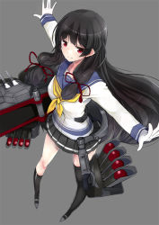 Rule 34 | 10s, 1girl, asymmetrical legwear, baicha, black hair, black thighhighs, foreshortening, gloves, grey background, isokaze (kancolle), kantai collection, long hair, machinery, outstretched arms, pigeon-toed, red eyes, school uniform, serafuku, single sock, single thighhigh, skirt, smile, socks, solo, spread arms, standing, thighhighs, uneven legwear, white gloves
