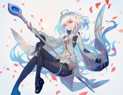 Rule 34 | 1girl, ahoge, black gloves, black legwear, commentary, crossed legs, fate/grand order, fate/prototype, fate (series), fingerless gloves, gloves, highres, holding, holding staff, invisible chair, lack, long hair, merlin (fate/prototype), merlin (fate/prototype) (second ascension), petals, pink eyes, pointy ears, robe, sitting, solo, staff, toeless footwear, very long hair, white hair