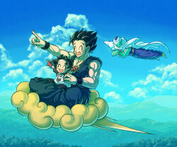 Rule 34 | 1girl, 2boys, :d, ^ ^, arm up, arms up, biceps, black hair, black pants, black wristband, blue pants, blue sky, blush, blush stickers, cape, child, closed eyes, cloud, colored skin, commentary request, crossed arms, day, dougi, dragon ball, dragon ball super, dragon ball super super hero, eyelashes, father and daughter, fingerless gloves, flying, flying nimbus, gloves, green skin, koukyouji, mountainous horizon, multiple boys, muscular, muscular male, namekian, open mouth, outdoors, pan (dragon ball), pants, piccolo, pointing, pointy ears, print shirt, purple pants, red gloves, red sash, riding, sash, shirt, short hair, short sleeves, shoulder pads, sitting, sitting on lap, sitting on person, sky, smile, son gohan, spiked hair, t-shirt, turban, white cape, whorled clouds, wristband