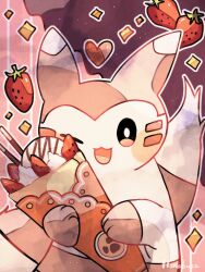 Rule 34 | :d, animal focus, creatures (company), crepe, food, fruit, furret, game freak, gen 2 pokemon, hanabusaoekaki, heart, highres, holding, holding food, ice cream crepe, nintendo, no humans, one eye closed, open mouth, pink background, pokemon, pokemon (creature), smile, solid oval eyes, solo, sparkle, strawberry, striped, striped background