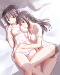 Rule 34 | 2girls, :o, arm grab, ass, bed sheet, black hair, black panties, blue panties, blush, breasts, bruise, bruised eye, closed mouth, commentary request, crotch seam, from above, gluteal fold, hand on another&#039;s stomach, highres, injury, kamakama (kdmorh kamakama), legs, light blush, light frown, long hair, looking at viewer, looking back, lying, medium breasts, multiple girls, navel, no pants, on back, on bed, on side, original, panties, parted lips, partial commentary, pillow, shadow, shirt, short hair, short ponytail, side-tie panties, t-shirt, underwear, white shirt, yuri
