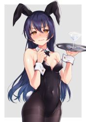 Rule 34 | 1girl, 3:, @ @, animal ears, bare shoulders, black bow, black bowtie, black leotard, black pantyhose, blue hair, blush, bow, bowtie, breasts, brown eyes, closed mouth, collarbone, covered navel, cowboy shot, cup, detached collar, drink, drinking glass, embarrassed, fake animal ears, fake tail, hair between eyes, hands up, holding, holding tray, leotard, long hair, looking at viewer, love live!, love live! school idol project, medium breasts, moyui (myi 005), nose blush, pantyhose, playboy bunny, rabbit ears, rabbit tail, solo, sonoda umi, sweat, tail, thighband pantyhose, tray, two-tone background, v-shaped eyebrows, wine glass, wrist cuffs