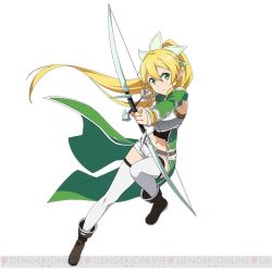 Rule 34 | 10s, 1girl, arrow (projectile), blonde hair, bow (weapon), drawing bow, full body, green eyes, hair ornament, holding, holding bow (weapon), holding weapon, leafa, long hair, midriff, navel, pointy ears, ponytail, short shorts, shorts, simple background, solo, sword art online, sword art online: code register, thighhighs, watermark, weapon, white background, white shorts, white thighhighs