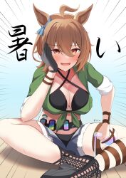 Rule 34 | 1girl, absurdres, agnes tachyon (lunatic lab) (umamusume), agnes tachyon (umamusume), ahoge, animal ears, bikini, black bikini, black footwear, black gloves, breasts, brown hair, cleavage, commentary request, criss-cross halter, cross-laced footwear, denim, denim shorts, flask, gloves, green jacket, hair between eyes, halterneck, highres, himuraanzu, horse ears, horse girl, horse tail, indian style, jacket, looking at viewer, medium breasts, official alternate costume, open fly, partial commentary, red eyes, round-bottom flask, sandals, short hair, shorts, single glove, sitting, sleeves rolled up, smile, solo, swimsuit, tail, thigh strap, tied jacket, translation request, umamusume