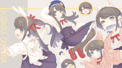 Rule 34 | :o, animal, animal ear fluff, animal ears, animal on head, bird, black hair, blue eyes, breasts, cartoon bone, cat ears, character name, closed eyes, dog ears, duck, fake animal ears, fish, frilled shirt, frilled skirt, frills, hair ribbon, hairband, highres, hololive, kemonomimi mode, long hair, mouth hold, multiple persona, on head, oozora subaru, oozora subaru (casual), open mouth, outstretched arms, pantyhose, paw pose, rabbit ears, ribbon, shirt, short hair, skirt, small breasts, smile, stuffed animal, stuffed rabbit, stuffed toy, subaru duck, tataki tuna, twintails, virtual youtuber