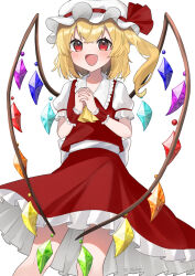 Rule 34 | 1girl, ascot, back bow, blonde hair, blush, bow, collared shirt, crystal, fang, feet out of frame, flandre scarlet, frilled shirt collar, frilled skirt, frilled sleeves, frills, hat, hat bow, highres, looking at viewer, machimo, mob cap, one side up, own hands together, puffy short sleeves, puffy sleeves, red bow, red eyes, red skirt, red vest, shirt, short hair, short sleeves, simple background, skirt, skirt set, smile, solo, touhou, vest, white background, white bow, white hat, white shirt, wings, wrist cuffs, yellow ascot