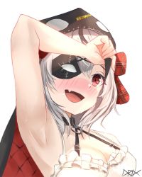 Rule 34 | 1girl, armpit focus, armpits, blush, bow, breasts, cleavage, drix, fang, highres, hololive, holox, hood, hood up, nose blush, one eye covered, open mouth, plaid, plaid bow, red eyes, sakamata chloe, sakamata chloe (1st costume), signature, silver hair, simple background, skin fang, solo, sweat, virtual youtuber, white background