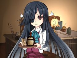 Rule 34 | 10s, 1girl, asymmetrical bangs, black hair, bow, bowtie, desk, glasses, hair over one eye, hayashimo (kancolle), kantai collection, karuna (madlax), lampshade, long hair, long sleeves, looking at viewer, office, pleated skirt, purple skirt, red eyes, skirt, smile, solo, tray