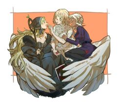 Rule 34 | 1boy, 2girls, ambrosia (dungeon meshi), bare shoulders, berry, black dress, black pants, blonde hair, book, border, clenched hand, collarbone, commentary, dress, dungeon meshi, elf, english commentary, falin touden, falin touden (chimera), feathered wings, feathers, feeding, feet out of frame, food, from side, fruit, green eyes, hand on another&#039;s arm, head scarf, holding, holding food, holding fruit, holding staff, jacket, juliet sleeves, lccc, long hair, long sleeves, looking at another, marcille donato, marcille donato (lord), monster girl, multiple girls, open mouth, orange background, outside border, pants, pointy ears, profile, puffy sleeves, purple jacket, short hair, simple background, spoilers, staff, thistle (dungeon meshi), white border, wing hug, wings