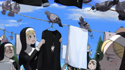 Rule 34 | 1other, 5girls, :d, ^ ^, bandaid, bandaid on face, bandaid on nose, bird, blanket, blonde hair, blue eyes, blue sky, brown eyes, brown hair, chicken, chili pepper, closed eyes, clothes, clothes hanger, clothes pin, clothesline, cloud, clumsy nun (diva), dirty, dirty clothes, diva (hyxpk), drying, drying clothes, duck, false smile, flower, flying, food, food in mouth, froggy nun (diva), glasses nun (diva), habit, hair flower, hair ornament, hairclip, hand up, hanging food, heart, heart-shaped eyewear, highres, key, little nuns (diva), looking up, mole, mole under eye, mouth hold, multiple girls, nun, on roof, open mouth, out of frame, paper airplane, pigeon, pink-tinted eyewear, poop, popcorn, rooftop, sky, smile, strict nun (diva), sunglasses, sweatdrop, tinted eyewear, traditional nun, tree, triangle mouth, veil, wasp