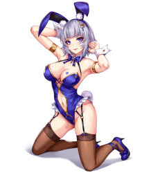 Rule 34 | 1girl, animal ears, armlet, arms up, blue eyes, blue footwear, blue hair, blue hairband, blue nails, blush, breasts, brown thighhighs, cleavage, closed mouth, clothing cutout, fake animal ears, fake tail, full body, garter straps, hair ornament, hairband, heart, high heels, highres, kneeling, large breasts, leotard, looking at viewer, nail polish, navel, navel cutout, original, playboy bunny, rabbit ears, rabbit tail, sakiyamama, short hair, simple background, smile, solo, tail, thighhighs, thighs, white background