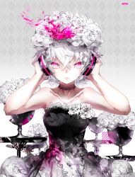 Rule 34 | 1girl, argyle, argyle background, argyle clothes, bare arms, bare shoulders, chalice, collarbone, colored eyelashes, cup, dress, expressionless, flower, gradient background, grey background, hair between eyes, hair flower, hair ornament, hands on headphones, headphones, highres, looking at viewer, personification, pink eyes, rooseputo 02, rose, short hair, silver hair, solo, strapless, strapless dress