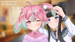 Rule 34 | 1boy, 1girl, ahoge, animal ears, artist name, asmr, black hair, blue eyes, blue hair, blush, carrot, ear cleaning, facial tattoo, floppy ears, flower, hair bun, hair flower, hair ornament, heart, heart-shaped pupils, long hair, looking at another, mimikaki, multicolored hair, one eye closed, pink eyes, pink hair, rabbit boy, rabbit ears, symbol-shaped pupils, tattoo, trap, twintails, two-tone hair, virtual youtuber