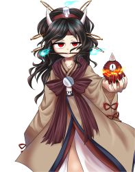 Rule 34 | androgynous, bad id, bad pixiv id, black hair, candle, fangs, fire, fire, gender request, ghost, ghost tail, hairband, highres, horns, japanese clothes, kimono, lamp, len&#039;en, mouth hold, red eyes, short hair, solo, taira no chouki