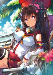 Rule 34 | 10s, 1girl, armband, ayuya naka no hito, bare shoulders, beach, beach chair, blue sky, breasts, brown hair, cloud, day, detached sleeves, flower, food, hair flower, hair ornament, headgear, ice cream, kantai collection, large breasts, looking at viewer, machinery, miniskirt, oil-paper umbrella, outdoors, palm tree, pleated skirt, ponytail, purple eyes, red skirt, sailor collar, sanoharu, single thighhigh, skirt, sky, smile, solo, sunlight, thighhighs, tree, umbrella, yamato (kancolle)