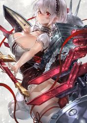 Rule 34 | 1girl, anchor choker, apron, ass, azur lane, breasts, choker, cleavage, collarbone, hair between eyes, hairband, highres, holding, holding sword, holding weapon, lace-trimmed apron, lace-trimmed choker, lace-trimmed hairband, lace trim, large breasts, looking at viewer, machinery, no panties, parted lips, puffy sleeves, red eyes, red ribbon, ribbon, short hair, short sleeves, sidelocks, signo aaa, sirius (azur lane), smile, solo, sword, thighhighs, thighs, waist apron, weapon, white apron, white hair, white thighhighs