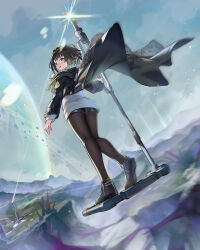 Rule 34 | 1girl, absurdres, arknights, arknights: endfield, black coat, black footwear, black hair, black pantyhose, black shorts, blue sky, cliff, coat, dutch angle, endministrator (arknights), female endministrator (arknights), floating, from behind, full body, highres, holding, holding staff, looking at viewer, moyume, open clothes, open coat, originium (arknights), pantyhose, shoes, short hair, shorts, sky, solo, staff, sweater, white sweater, wind, yellow eyes