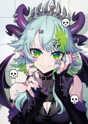Rule 34 | 1girl, apricot the lich, apricot the lich (1st costume), bare shoulders, black jacket, blue hair, bow, breasts, cleavage, cleavage cutout, clothing cutout, colored inner hair, corset, fang, fishnets, green eyes, green hair, hand on own cheek, hand on own face, highres, horns, jacket, lich, medium breasts, multicolored hair, multiple horns, nail polish, official art, playing with own hair, pointy ears, puppeteer7777, purple bow, short hair with long locks, sidelocks, single thighhigh, skin fang, skull, solo, thighhighs, tiara, transparent background, virtual youtuber, vshojo