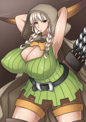 Rule 34 | 1girl, alternate breast size, arms behind head, arrow (projectile), belt, blonde hair, blush, boots, braid, breasts, brown eyes, cameltoe, cape, cleavage, cleft of venus, dragon&#039;s crown, elf, elf (dragon&#039;s crown), covered erect nipples, hip focus, hood, huge breasts, otogi tetsurou, pointy ears, shorts, thigh boots, thighhighs, twin braids, vanillaware, wide hips