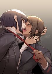 2girls black_hair blush bob_cut brown_eyes brown_hair coat collared_shirt dark-skinned_female dark_skin earrings french_kiss highres jacket jewelry kiss limbus_company long_sleeves multiple_girls necktie open_mouth outis_(project_moon) project_moon red_eyes ryoshu_(project_moon) saliva shirt short_hair simple_background sweat tongue tongue_out tresmarrow white_shirt yellow_eyes yuri