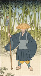 Rule 34 | 1boy, bamboo, bell, brown footwear, chin strap, closed mouth, clothing request, commentary, day, english commentary, fine art parody, frown, full body, grass, hat, highres, holding, male focus, monk, nihonga, official art, old, old man, outdoors, parody, roland macdonald, sandals, solo, staff, standing, toenails, toes, total war: shogun 2, ukiyo-e, wide sleeves, wrinkled skin