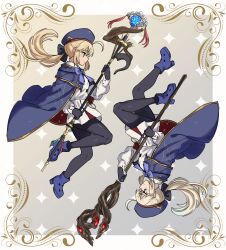 Rule 34 | absurdres, ahoge, artoria caster (fate), artoria caster (second ascension) (fate), artoria pendragon (fate), blonde hair, boots, bow, bowtie, breasts, ebora, fate/grand order, fate (series), full body, gloves, green eyes, grey hair, hat, high heel boots, high heels, highres, holding, holding staff, long sleeves, pantyhose, small breasts, staff, aesc (fate)
