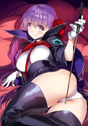 Rule 34 | 1girl, 92m, ass, bb (fate), bb (fate/extra), black coat, black skirt, blush, breasts, closed mouth, coat, fate/extra, fate/extra ccc, fate (series), gloves, hair ribbon, high-waist skirt, highres, holding, holding wand, large breasts, leotard, long hair, long sleeves, looking at viewer, lying, neck ribbon, on side, open clothes, open coat, popped collar, purple eyes, purple hair, red ribbon, ribbon, skirt, smile, thighs, very long hair, wand, white gloves, white leotard, wide sleeves