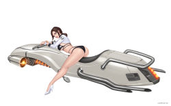 Rule 34 | 1girl, ass, bastila shan, bikini, black bikini, blue eyes, breasts, brown hair, closed mouth, from side, high heels, highres, hover bike, large breasts, long sleeves, looking at viewer, looking to the side, shrug (clothing), simple background, siun, solo, star wars, star wars: knights of the old republic, swimsuit, white background, white footwear, wrist cuffs