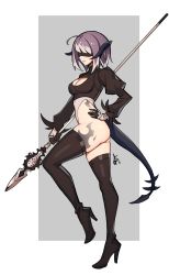 Rule 34 | absurdres, ahoge, au ra, blindfold, boots, breasts, brown footwear, brown gloves, brown leotard, cleavage, cleavage cutout, closed mouth, clothing cutout, covered eyes, distr, facing viewer, final fantasy, final fantasy xiv, fusion, gloves, grey hair, hand on own hip, high heel boots, high heels, highres, holding, holding polearm, holding weapon, horns, juliet sleeves, leotard, long sleeves, medium breasts, medium hair, monster girl, monsterification, nier:automata, nier (series), parted lips, polearm, puffy sleeves, spear, standing, standing on one leg, tail, thigh boots, warrior of light (ff14), weapon, 2b (nier:automata)
