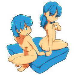 Rule 34 | 2girls, arm support, ass, back, barefoot, blue eyes, blue hair, breasts, feet, flat chest, long hair, looking back, multiple girls, nipples, nude, ryo chimo, short hair, simple background, sitting, small breasts, toes, white background