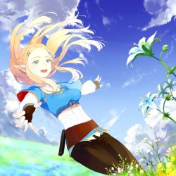 Rule 34 | 1girl, :d, black legwear, black pants, blonde hair, blue sky, braid, breasts, ciatoli, day, fingerless gloves, flower, french braid, gloves, grass, green eyes, hair ornament, hairclip, long hair, nintendo, open mouth, outdoors, outstretched arms, pants, parted bangs, pointy ears, princess zelda, silent princess, sky, smile, solo, spread arms, the legend of zelda, the legend of zelda: breath of the wild