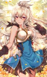 Rule 34 | 1girl, armor, asada sadao, bad id, bad pixiv id, bare arms, bare shoulders, black gloves, blue dress, breastplate, breasts, brown eyes, closed mouth, commentary request, cowboy shot, dark-skinned female, dark skin, dress, faulds, gloves, granblue fantasy, hair between eyes, highres, long hair, looking at viewer, medium breasts, petals, silver hair, smile, solo, standing, thighs, very long hair, zooey (granblue fantasy)