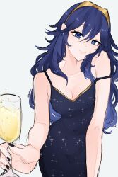 Rule 34 | 1girl, alternate costume, bare shoulders, blue dress, blue eyes, blue hair, breasts, cleavage, closed mouth, commentary, cup, dress, drink, english commentary, fire emblem, fire emblem awakening, hair between eyes, highres, holding, holding cup, long hair, looking at viewer, lucina (fire emblem), nintendo, serafineart1001, sleeveless, sleeveless dress, small breasts, smile, solo, strap slip, symbol in eye, tiara, twitter username, white background