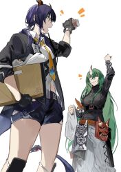 Rule 34 | arknights, bag, belt, black belt, black gloves, black jacket, black shirt, blue hair, blue shorts, bokyo, carrying, carrying under arm, ch&#039;en (arknights), collared shirt, commentary, dragon girl, dragon horns, dragon tail, fingerless gloves, gloves, green hair, grey pants, hair between eyes, highres, holding, holding bag, horns, hoshiguma (arknights), hoshiguma (ronin huntress) (arknights), jacket, jewelry, long hair, looking at another, mask, midriff peek, necklace, necktie, official alternate costume, oni, oni mask, open clothes, open jacket, open mouth, pants, parted lips, plastic bag, red hair, shin guards, shirt, shorts, sidelocks, simple background, single horn, skin-covered horns, sleeves rolled up, smile, tail, very long hair, white background, white shirt, yellow eyes, yellow necktie