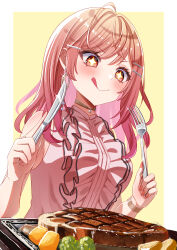 Rule 34 | + +, 1girl, absurdres, ahoge, blush, center frills, colored inner hair, earrings, food, fork, frills, gold earrings, hair ornament, hairpin, highres, holding, holding fork, holding knife, hololive, hololive dev is, ichijou ririka, jewelry, knife, long hair, looking at viewer, meat, multicolored hair, nail polish, orange eyes, orange hair, orange nails, pink shirt, rkc, shirt, single earring, sleeveless, sleeveless shirt, smile, steak, tongue, tongue out, virtual youtuber, watch, wristwatch