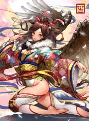 Rule 34 | 1girl, 2017, barefoot, brown eyes, brown hair, chinese zodiac, facial mark, feathers, fur collar, hair ribbon, japanese clothes, kimono, knee pads, leg warmers, leotard, long hair, looking at viewer, matching hair/eyes, nail polish, neo-masterpeacer, new year, obi, on one knee, original, parted bangs, pom pom (clothes), red nails, ribbon, sash, short kimono, signature, smile, solo, thighs, twintails, white legwear, white leotard, wide sleeves, wings, year of the rooster