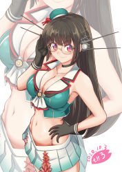 Rule 34 | 1girl, adjusting eyewear, artist logo, beret, black gloves, black hair, breasts, choker, choukai (kancolle), choukai kai ni (kancolle), cleavage, commentary request, cowboy shot, crop top, dated, glasses, gloves, green hat, hair ornament, hat, headgear, kantai collection, large breasts, long hair, looking at viewer, midriff, moke ro, no panties, pleated skirt, red eyes, shirt, simple background, skirt, sleeveless, sleeveless shirt, smile, solo, standing, white background, zoom layer