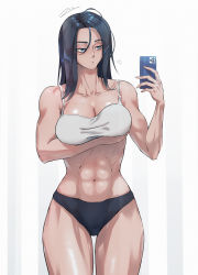 Rule 34 | 1girl, 702 96, abs, absurdres, bare arms, black hair, blue eyes, breast hold, breasts, cellphone, character request, cleavage, collarbone, commentary request, crop top, highres, holding, holding phone, huge filesize, large breasts, muscular, muscular female, navel, phone, selfie, simple background, smartphone, solo, standing, thigh gap
