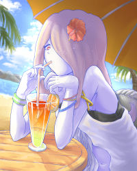 Rule 34 | 1girl, absurdres, bad id, bad pixiv id, bare shoulders, beach, day, hair over one eye, highres, ice keki, little witch academia, long hair, looking at viewer, outdoors, pale skin, pink hair, red eyes, sky, smile, solo, sucy manbavaran, witch