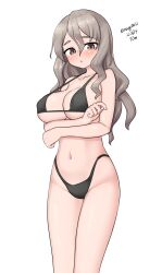Rule 34 | 1girl, absurdres, bikini, black bikini, breasts, brown eyes, cleavage, crossed arms, dated, feet out of frame, grey hair, highleg, highleg bikini, highleg swimsuit, highres, kantai collection, large breasts, long hair, looking at viewer, maru (marg0613), one-hour drawing challenge, pola (kancolle), simple background, solo, swimsuit, twitter username, wavy hair, white background