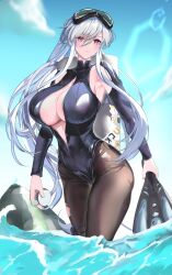 Rule 34 | 1girl, absurdres, azur lane, black wetsuit, breasts, commentary request, diving mask, diving suit, enterprise (azur lane), enterprise (diving under blue skies) (azur lane), goggles, goggles on head, grey hair, highres, large breasts, long hair, minuo songshu, open clothes, open wetsuit, partially submerged, purple eyes, swim goggles, torn clothes