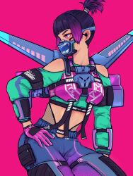Rule 34 | 1girl, animification, apex legends, aqua sweater, armor, blue pants, blunt bangs, breastplate, clothing cutout, cropped sweater, earpiece, eyeshadow, fluorescent tech valkyrie, gloves, gradient hair, hair behind ear, hand on own hip, highres, jetpack, looking to the side, makeup, multicolored hair, pants, pink background, pink gloves, ponytail, purple eyes, purple eyeshadow, ritomidi, short hair, shoulder cutout, sitting, solo, sweater, valkyrie (apex legends)