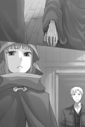 Rule 34 | 1boy, 1girl, ayakura juu, cape, corpse, craft lawrence, dress shirt, greyscale, holo, hood, hooded, indoors, jacket, monochrome, novel illustration, official art, open mouth, shirt, spice and wolf, spoilers, standing, wooden floor