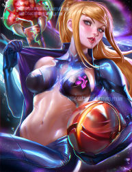 Rule 34 | 1girl, artist name, blonde hair, blue eyes, breasts, can, drink can, female focus, large breasts, lips, lipstick, looking at viewer, makeup, metroid, metroid (creature), midriff, morph ball, navel, nintendo, parted lips, ponytail, sakimichan, samus aran, smile, soda can, solo, undressing, version without watermark available, watermark, web address, zero suit
