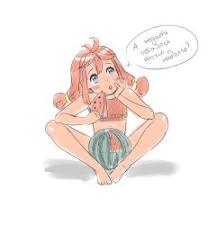 Rule 34 | 1girl, barefoot, blue eyes, blush stickers, head rest, eating, everlasting summer, food, fruit, full body, orika nekoi, red hair, russian text, sitting, solo, text focus, toes, translated, ussr-tan, watermelon, watermelon slice