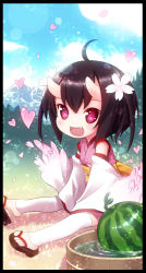 Rule 34 | 1girl, :d, detached sleeves, fang, food, fruit, heart, horns, japanese clothes, kiira, kimono, kohinomoto, konipon, mountain, oni, open mouth, original, petals, red eyes, sandals, single horn, smile, solo, thighhighs, watermelon, white thighhighs