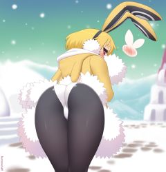 Rule 34 | 1girl, animal ears, ass, black pantyhose, blonde hair, blush, bow, bowtie, coat, disgaea, embarrassed, from behind, fur-trimmed coat, fur-trimmed jacket, fur-trimmed sleeves, fur trim, jacket, kuroonehalf, leaning forward, leotard, looking back, makai senki disgaea 5, pantyhose, rabbit ears, rabbit tail, red eyes, short hair, snow, solo, tail, usalia (disgaea), white leotard, yellow jacket